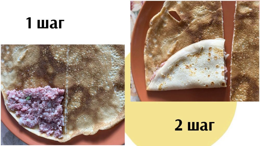 Подробное фото по шагам, как красиво свернуть блин треугольником с мясной начинкой