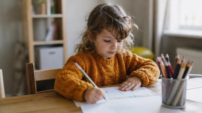 Девочка тщательно и аккуратно пишет, сидя за письменным столом