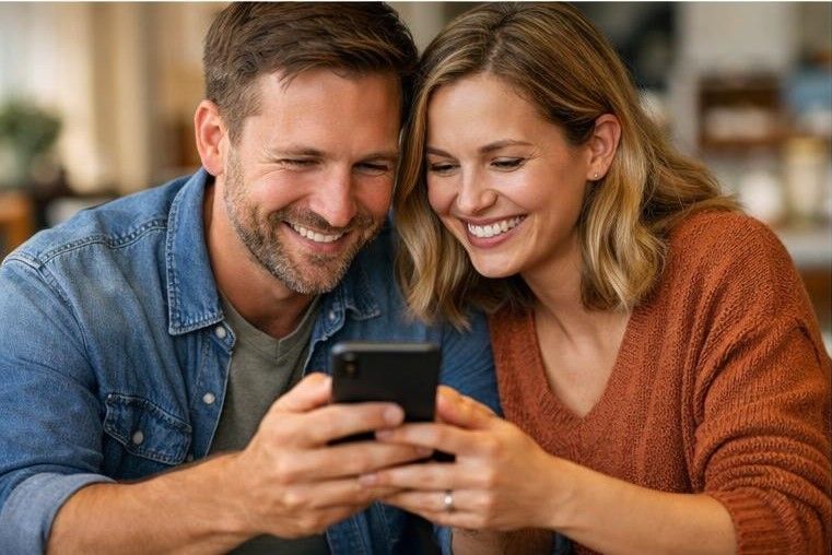 Пара улыбается, используя банковское приложение на смартфоне